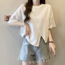 宽松垂感短袖T恤女春夏季2024年韩版新款设计感内搭开叉纯色上衣