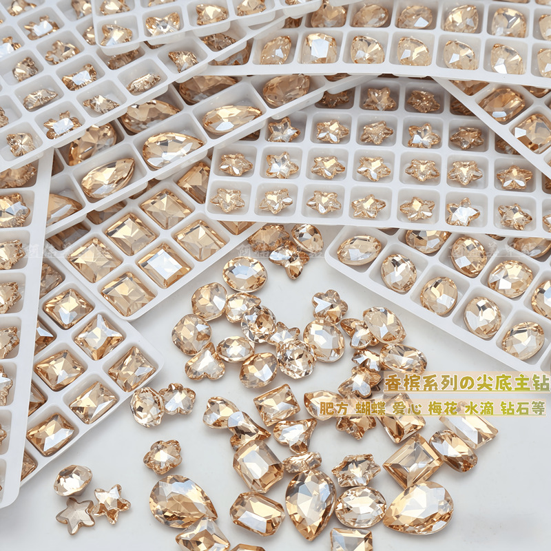 Trendy and Popular K9 Pointed-Base Nail Rhinestones, Champagne Color, Medium and Large Mixed Sizes, Super Shiny and Bright Nail Accessories