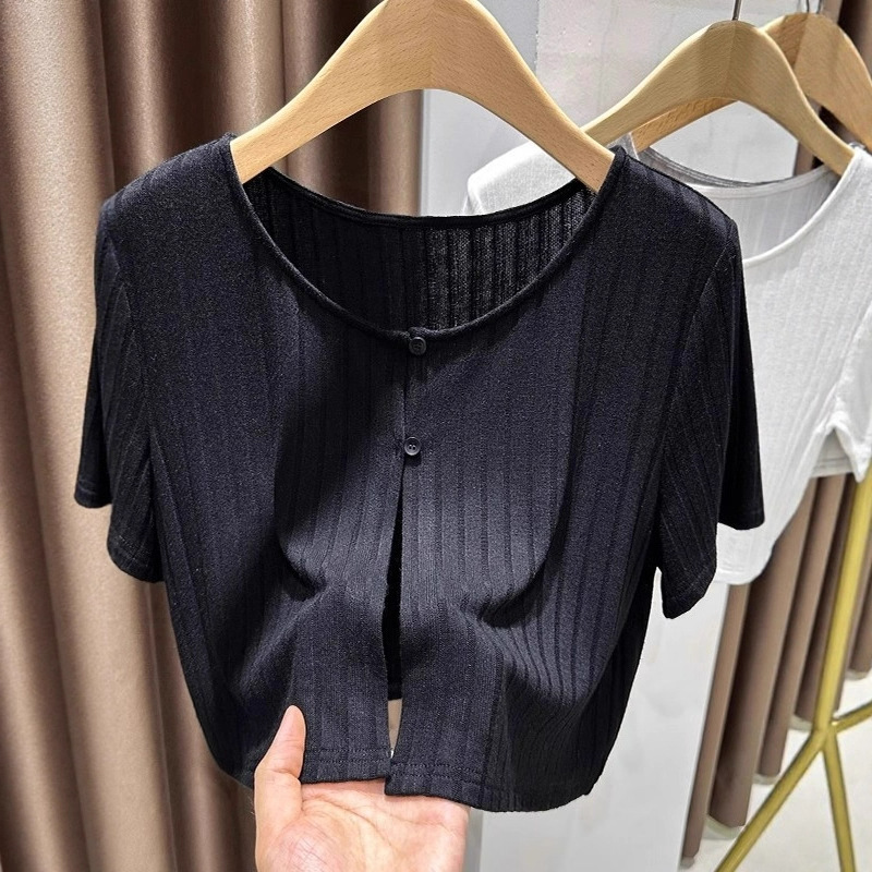 Black Ice Silk Knitted Short-Sleeved Cardigan for Women, Summer Beach Wear, Buttoned Cover-Up, Sun Protection Shawl, Thin Top