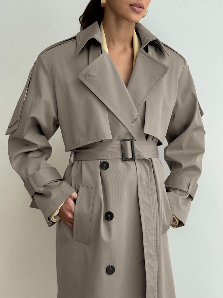 Áo khoác trench coat nữ dáng dài phong cách Âu Mỹ, chất liệu cotton, form rộng có dây thắt eo — Màu kaki, màu xám chi tiết 41