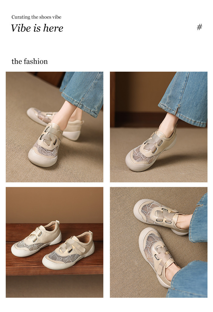 Giày sneaker nữ phối màu da thật lỗ thoáng khí đế bệt buộc dây kết hợp miếng dán — màu trắng ngà chi tiết 1