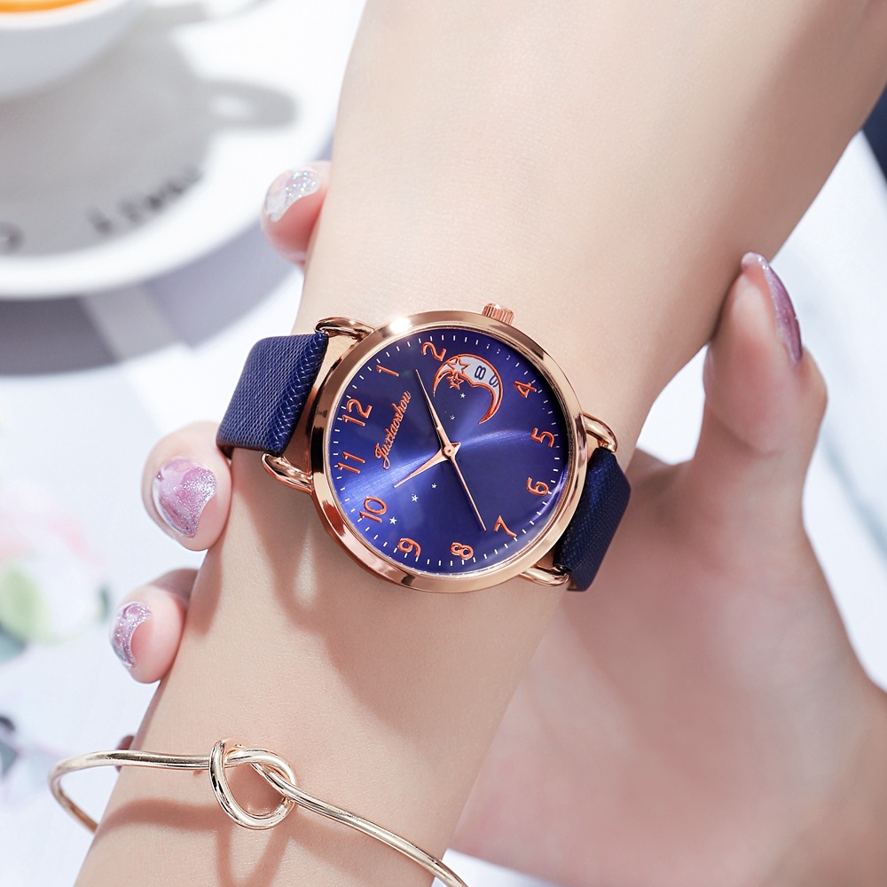 Orologio da studente in oro rosa con cinturino minimalista da donna con motivo stella lunare, nuovo prodotto caldo e alla moda 2024_voghion.com