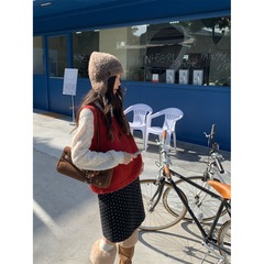 现货实拍韩系复古圣诞红厚实无袖毛衣背心女宽松休闲叠穿针织上衣