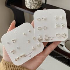银色锆石蝴蝶花朵星星耳钉套装女银针小巧精致珍珠蝴蝶结一周耳饰