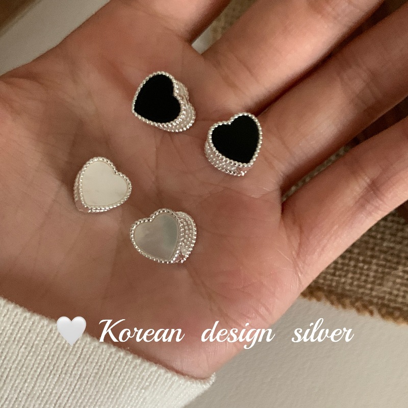 韓國小眾ins風銀飾品 S925純銀雙面貝殼黑瑪瑙耳環 愛心形耳扣女