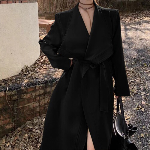 Women's 2025 Spring Casual Loose Fit Slimming High-Grade Black Long Sleeve Trench Coat with Large Collar Open Top