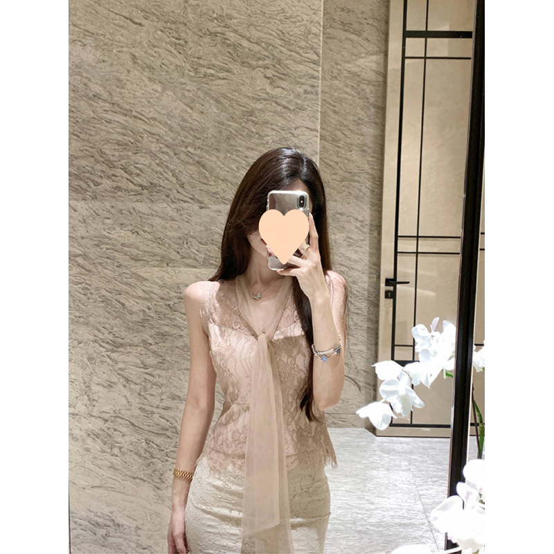 2025新款夏季蕾丝小衫领口系带妩媚性感百搭上衣女装
