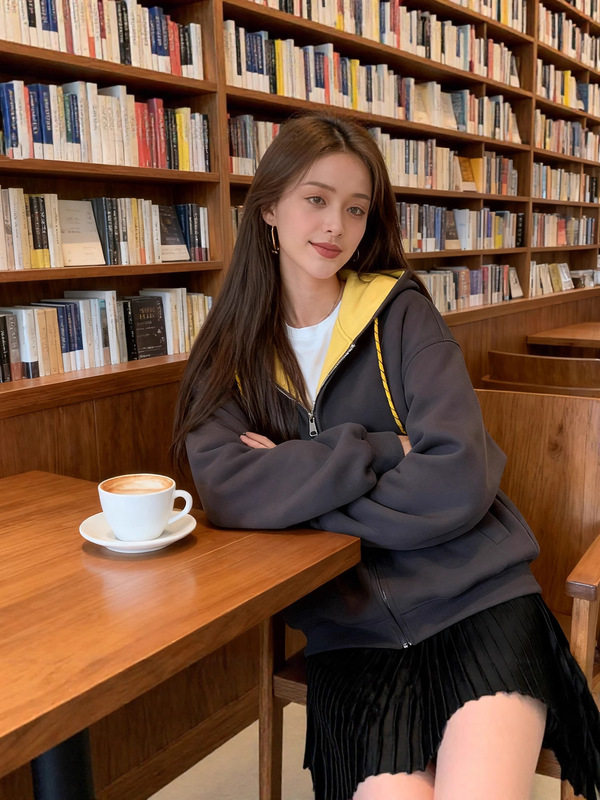 美式复古撞色连帽拉链卫衣外套女秋季休闲宽松开衫慵懒风灰色上衣|undefined