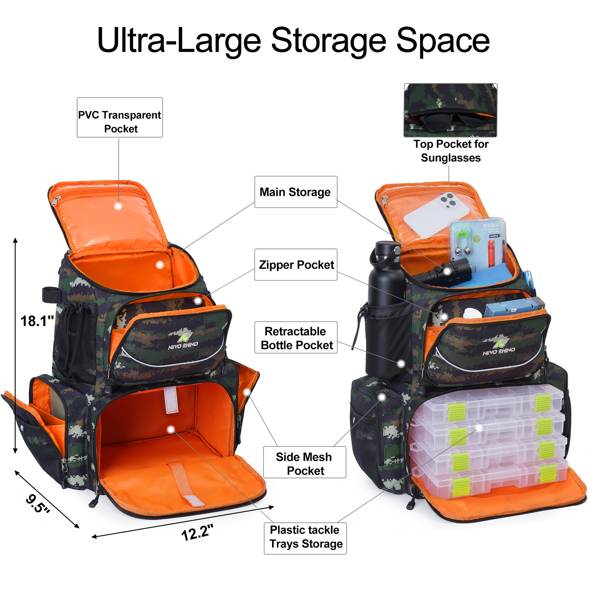 Mochila de pesca al aire libre 2023 — multifuncional, gran capacidad, resistente, diseño camuflaje, disponible en fábrica