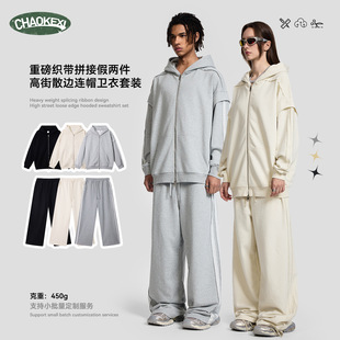 Ckx Autumn and Winter New 450g Heavyweight Webbing Short-Sleeved Patchwork Hooded Sweatshirt Suit for Men, Loose Casual Sports Long