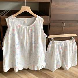 少女新款2026甜美彩色蝴蝶结印花背心睡衣女夏季小清新居家服套装