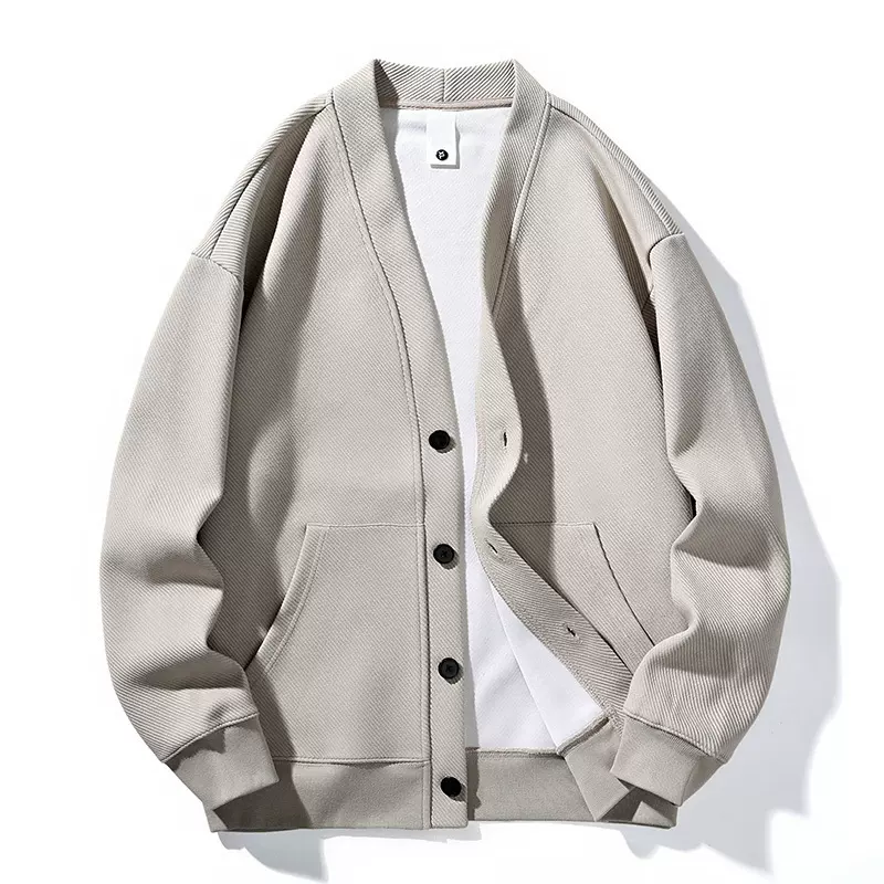 新款跨境华夫格纯色开衫男士外套韩版卫衣立体贴袋单排扣风衣上衣
