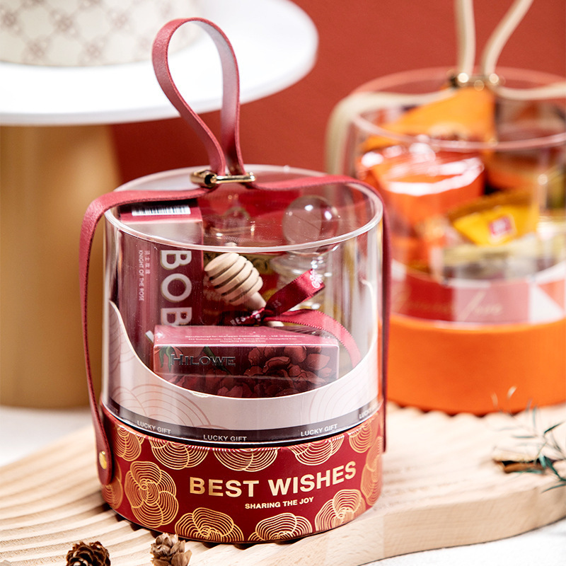 新款圆桶透明亚克力喜糖盒伴手礼绒布烫金手提抱抱桶结婚伴娘礼盒