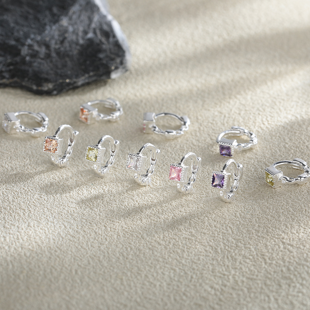 S999 Sterling Silver Square Diamond Small Earrings Women's Light Luxury Ear Ring Niche Design Advanced Sense Ear Bone Nail Foot Silver Ear Buckle Earrings