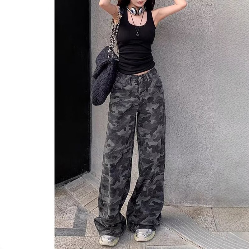 Tall Gray Camouflage Wide-Leg Jeans for Women, Autumn 2025 New Style, Extended Slimming Loose Drape Floor-Length Pants