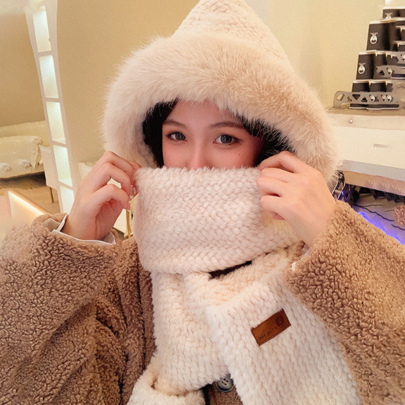 Winterwarmer Plüsch-Schal, süßer koreanischer Schal, 3-teiliges Set mit dickem Samt und Wärme, 3-in-1-Mütze_voghion.com