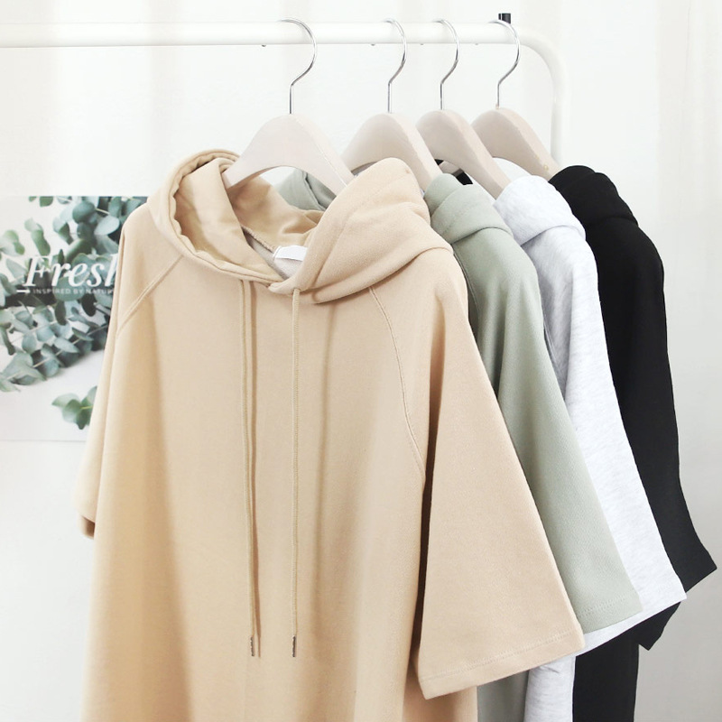Estilo coreano color sólido simple verano cordón camiseta verano Mujer suéter con capucha manga corta suelta split 200kg Campus Todo a juego