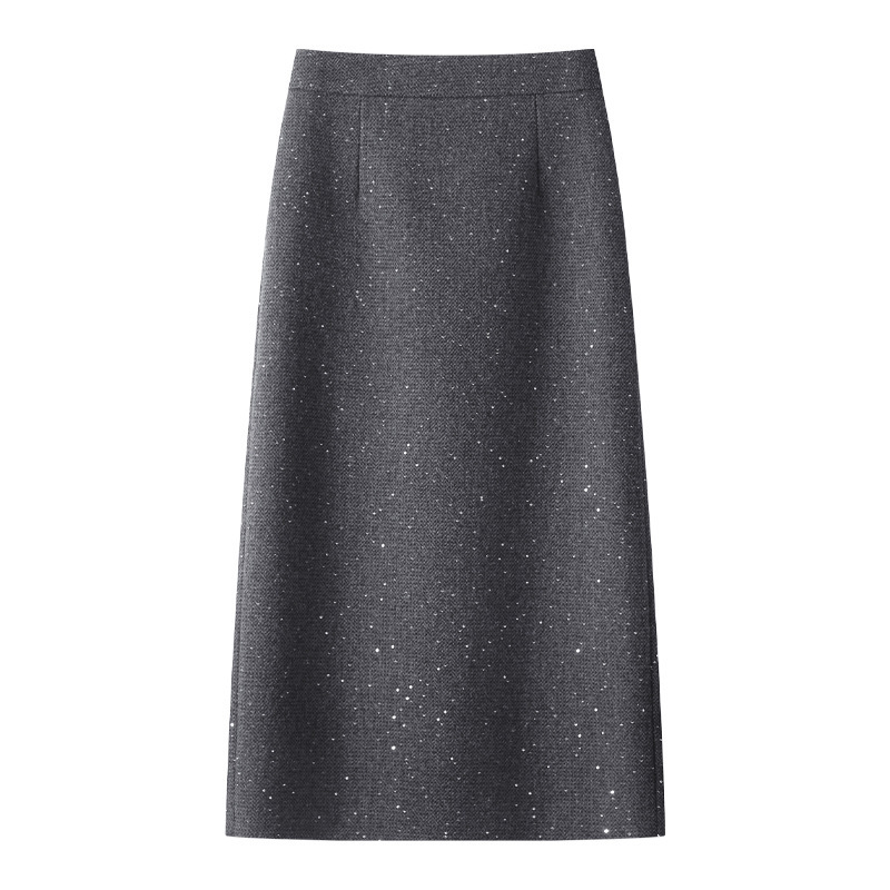 Gray Tweed Style Woolen Midi Skirt for Women, 2025 New Autumn and Winter Model, Slit Pencil Skirt, Straight-Cut Bodycon Long Skirt