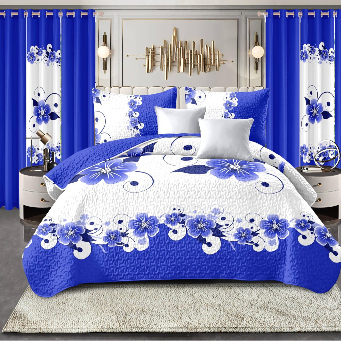 Blue Quilt Cover Printed Quilt Bed Sheets Pillowcase 12-Piece Home Textile Quilted Bedspread Bedding Set with Curtains