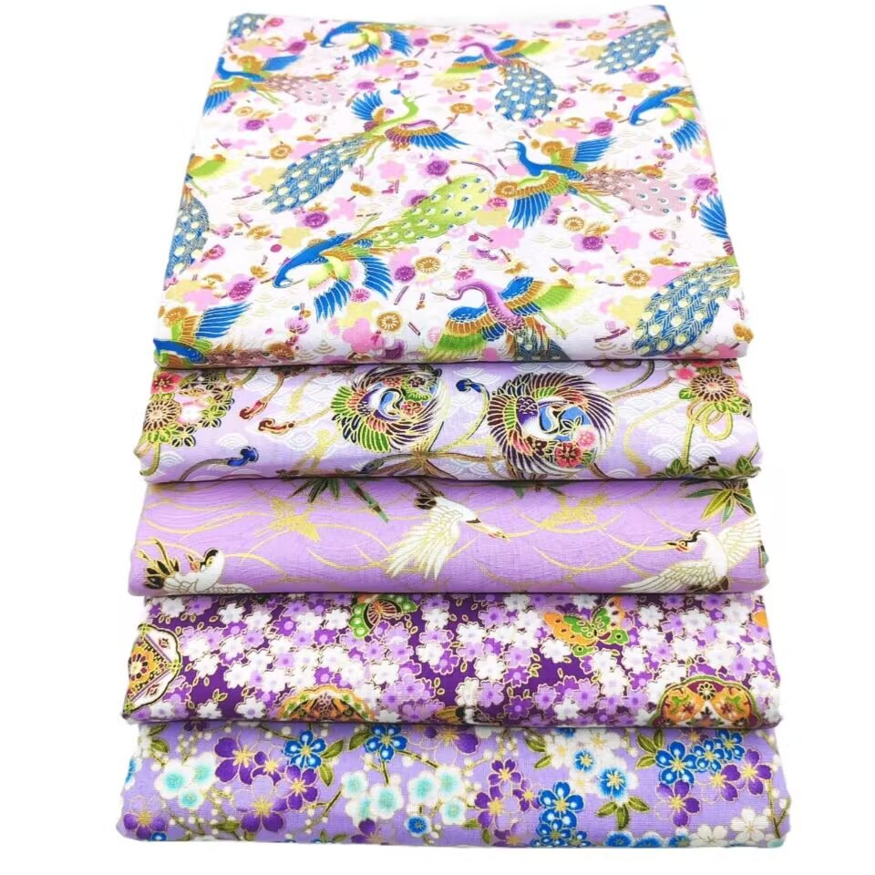 新款日式和风烫金布料全棉加厚紫色印花DIY手工拼布箱包装饰布