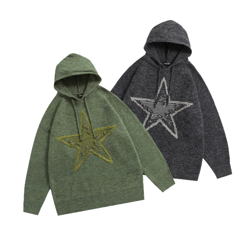 Men's Clothing Autumn Male And Female Students Neutral American Trendy Brand Jacquard Five Pointed Star Mixed Color Raw Edge Loose Sweatshirt Trend_viptrois.com