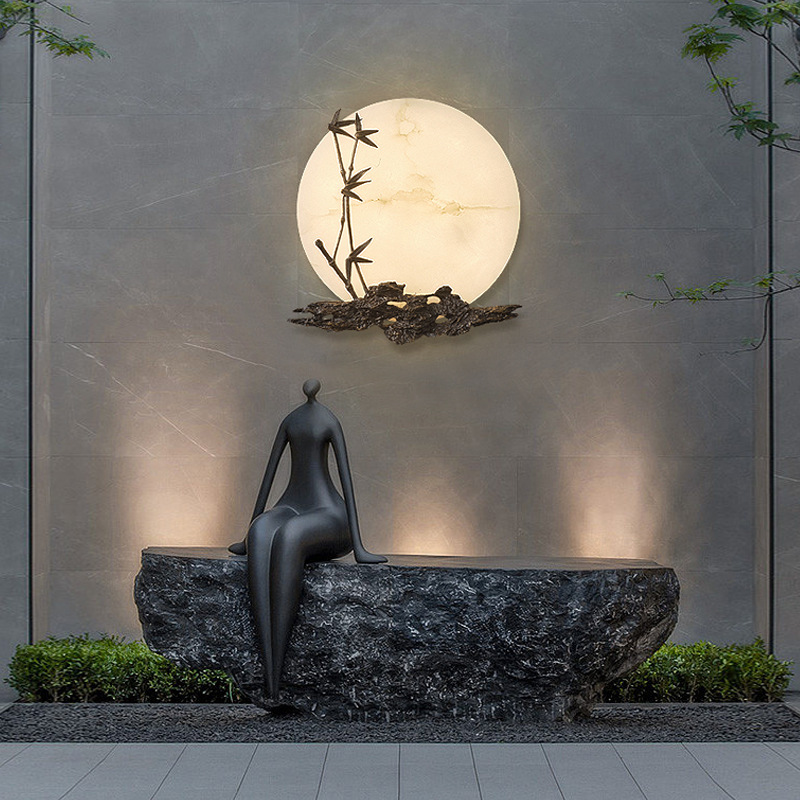 New Chinese Style All-Copper Marble Wall Lamp Living Room Tea Room Entrance Outdoor Courtyard Background Wall Designer Creative Art Lamp