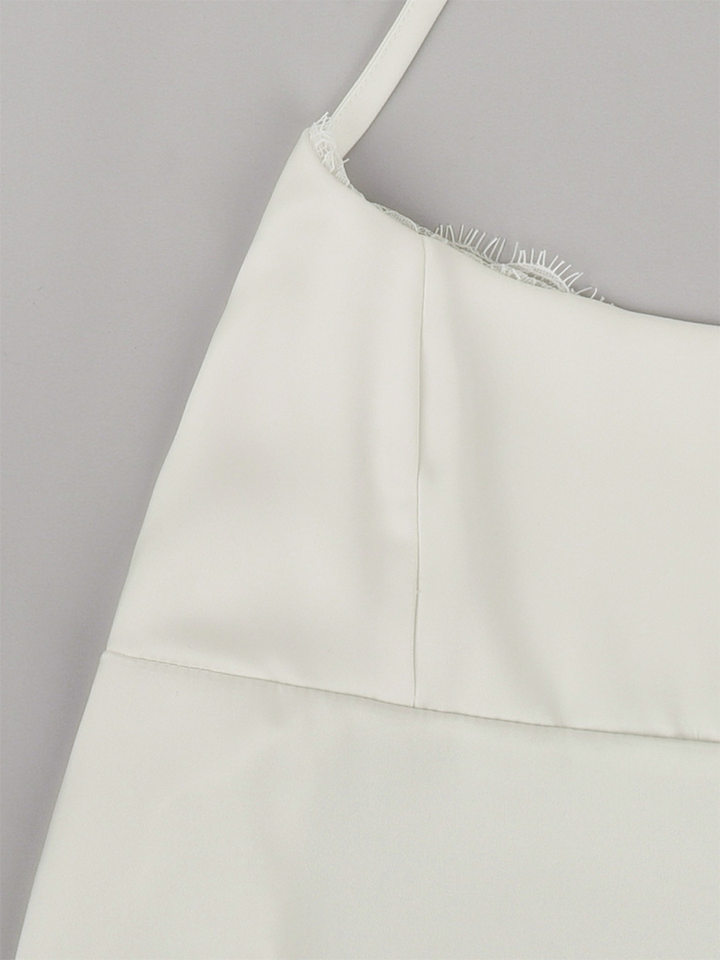 Đầm hai dây satin ngắn viền ren hở lưng buộc dây chiết eo dáng ôm — Màu trắng chi tiết 17