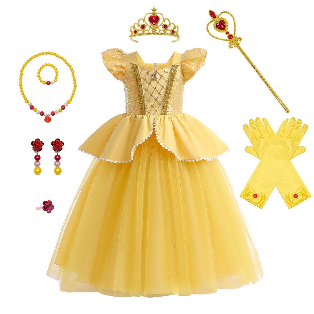 Платье для девочек с трансграничными взрывами, косплей, платье принцессы Белль, Сетчатое шитье, детское платье с летными рукавами
