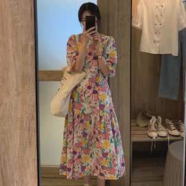 大码法式气质碎花连衣裙女夏季新款休闲沙漏型身材圆领褶皱长裙子