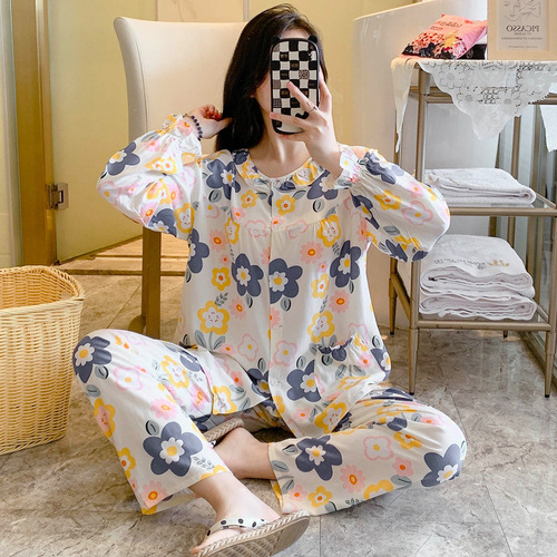 Women's Spring and Autumn Satin Pajamas - Summer Thin Satin Long Sleeve Man-made Cotton Cardigan Home Set Air Conditioning Suit Wholesale