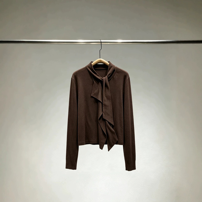 Ainos New Stylish Lace-Up Long-Sleeve Shirt for Women, Short Versatile Commuting Top in Brown with Unique Design