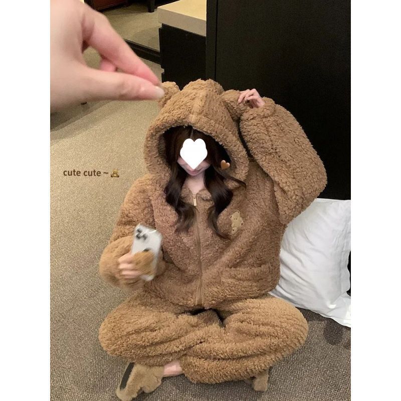 (2개) 여성을위한 귀여운 곰 잠옷 겨울 플러스 벨벳 두꺼운 따뜻한 산호 벨벳 달콤한 바지 세트 홈웨어 투피스 세트