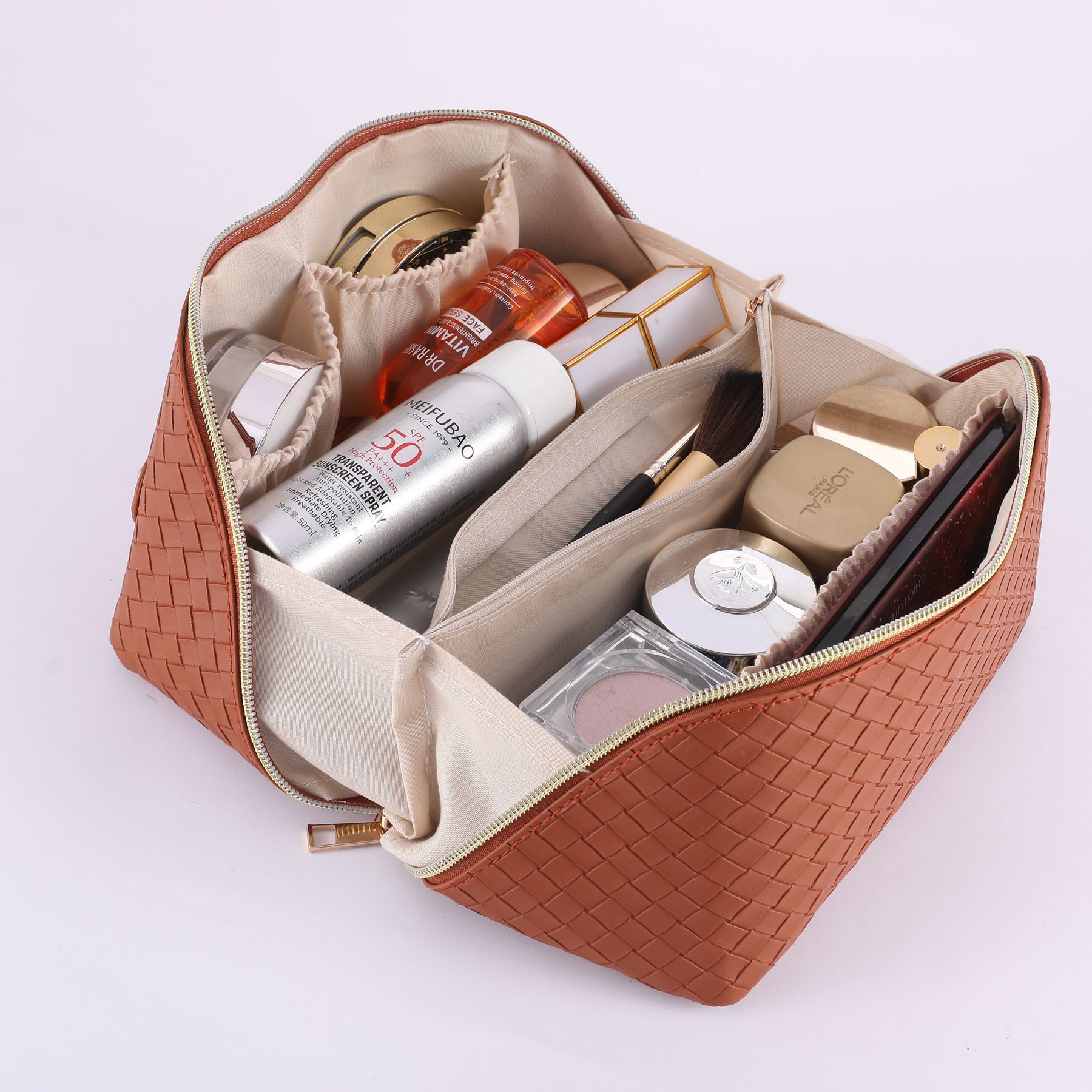 Bolsa de cosméticos de almohada tejida transfronteriza bolsa de almacenamiento de viaje portátil de gran capacidad portátil de cuero