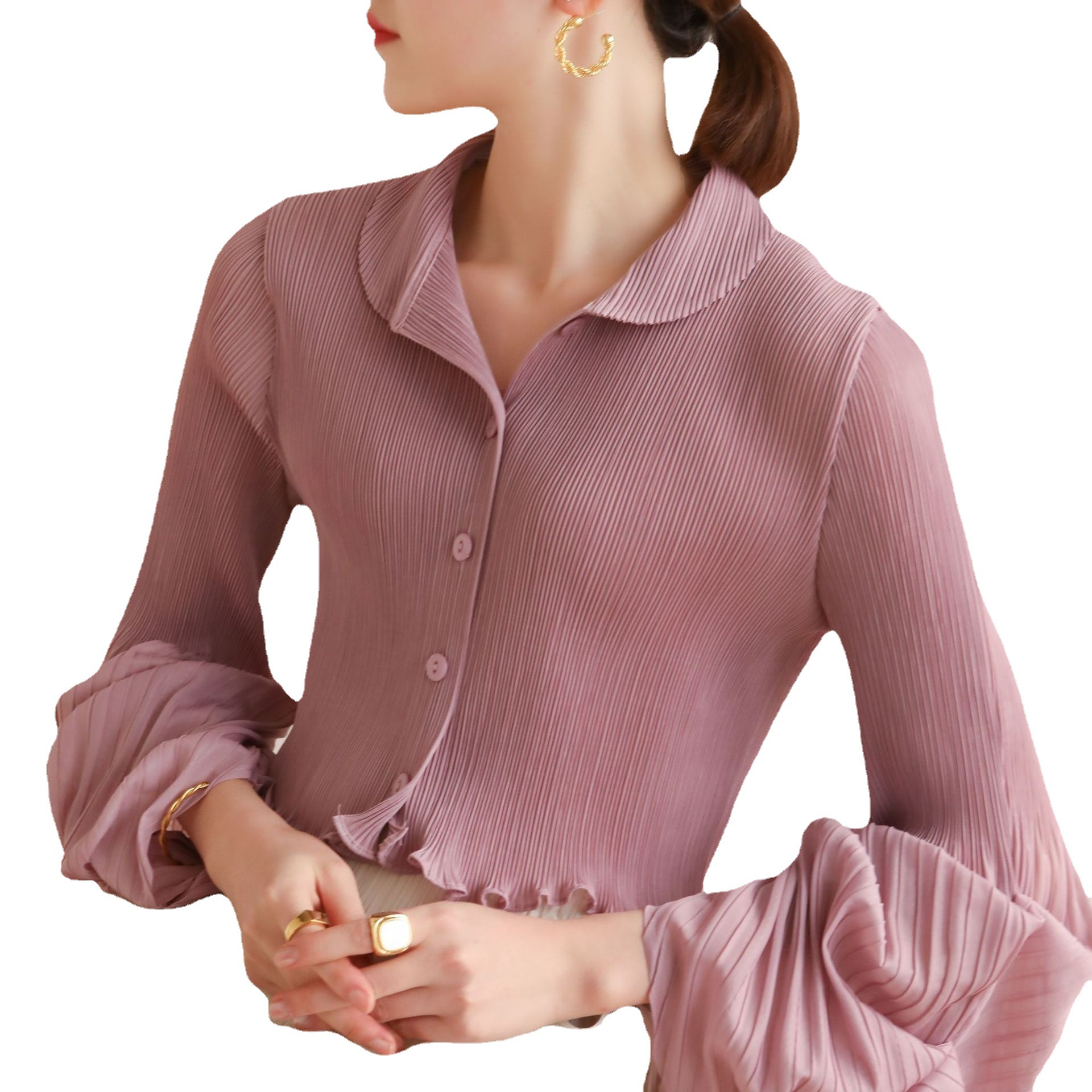 Otoño y primavera nueva llegada estilo de gama alta plisado puff mangas de moda de gama alta adelgazamiento temperamento pequeños pliegues superiores