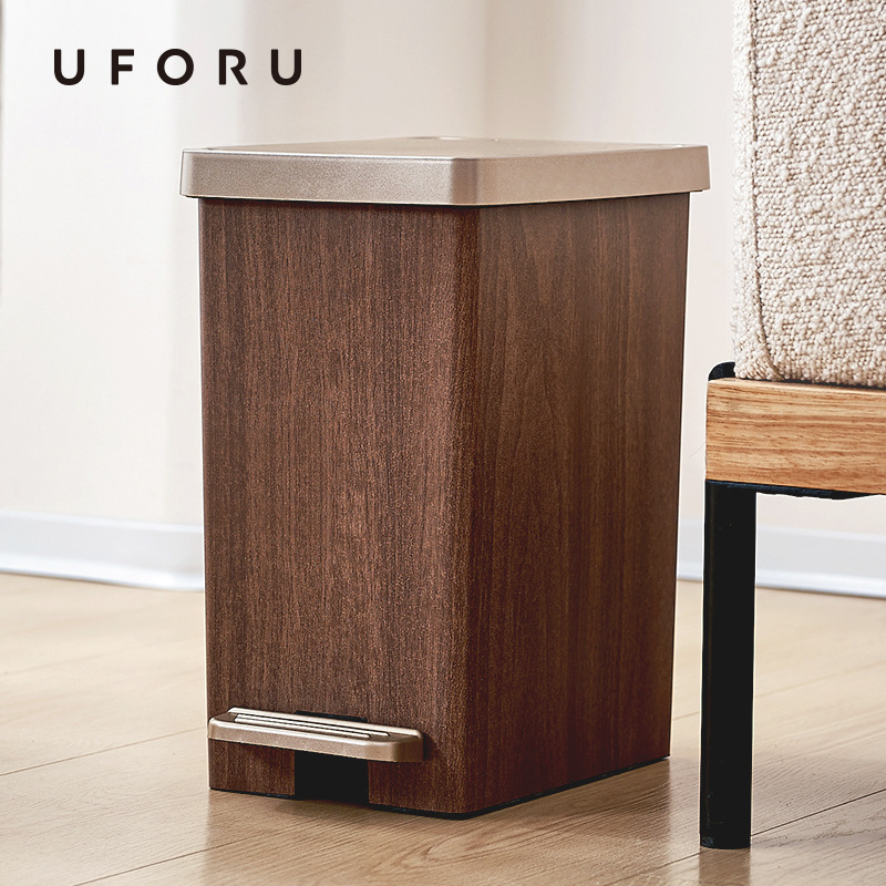 Light Luxury Faux Wood Grain Trash Can with Foot Pedal, Wooden Color, Double Opening, Narrow Gap Design, with Lid, for Hotel Bathroom, Kitchen, and Toilet