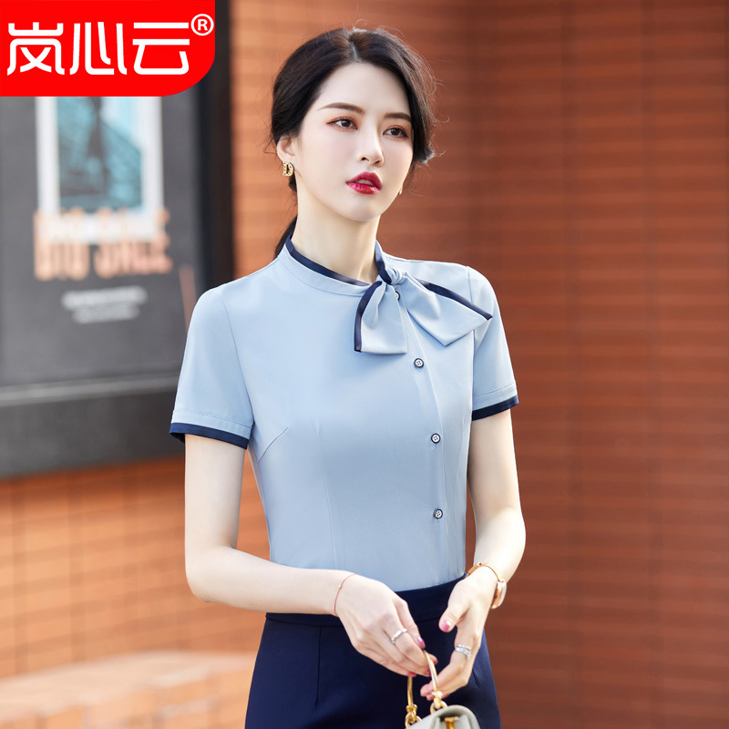 Summer cardigan stand collar solid color single-breasted ol blue short sleeve striped temperament commuter navy shawl shirt Summer cardigan stand collar solid color single-breasted ol blue short sleeve striped temperament commuter navy shawl shirt