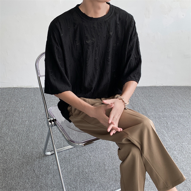 Camiseta de manga corta rasgada superior de verano de los hombres marca de moda coreana ins casual todo partido de seda de hielo cuello redondo Camiseta de media manga