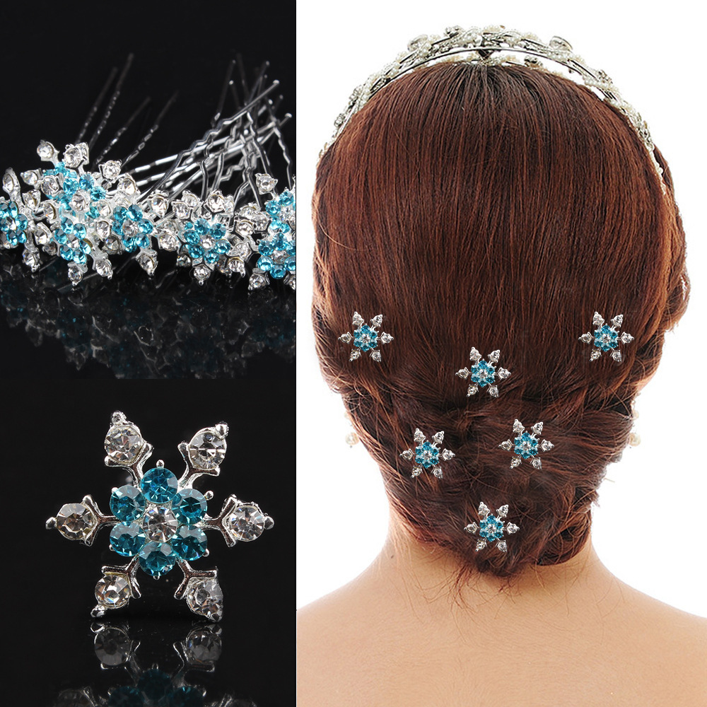 Stylish bridal updo hair accessories: floral U-shaped clips, alloy snowflake headpieces, and salon wedding gown accessories