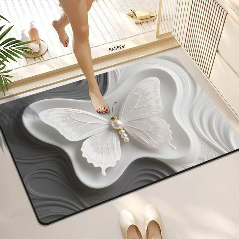 Cross-Border In-Stock European-Style Light Luxury Butterfly Absorbent Diatomaceous Earth Floor Mat Bathroom Mat Bedroom Bedside Mat Home Use Dropshipping