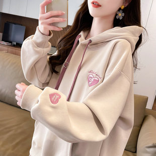 Hooded Sweatshirt Women's 2024 New Autumn and Winter Korean Loose fleece-lined Thickened Student Joker Embroidered Hooded Jacket