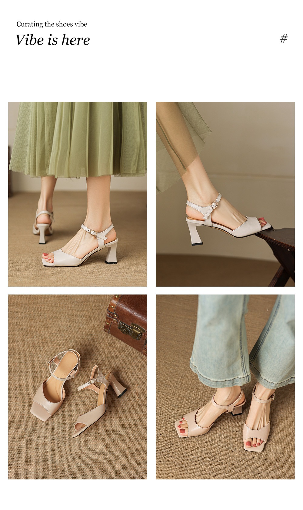 Sandal cao gót nữ mũi vuông hở ngón chân, quai một chữ, gót thô 9 cm — màu trắng ngà chi tiết 5