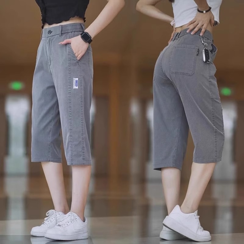 Tencel Lyocell Thin Cropped Pants Men's 2025 Summer Loose Plaid Casual Shorts Ice Silk Over-The-Knee Breeches