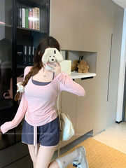 カジュアルスーツ レイジースタイル Uネック 長袖 Tシャツ カバーアップ ホルターベスト レディース 夏 ハイウエスト ワイドレッグ ショーツ 3点セット