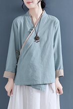 大码文艺斜襟盘扣衬衫女春秋新款中国风汉服棉麻上衣复古禅意茶服