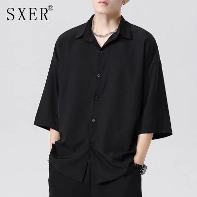 Summer Black Shirt Men's Casual Loose Drapey Handsome Short-sleeved Shirt Men's Hong Kong-style Solid Color Shirt for Youth