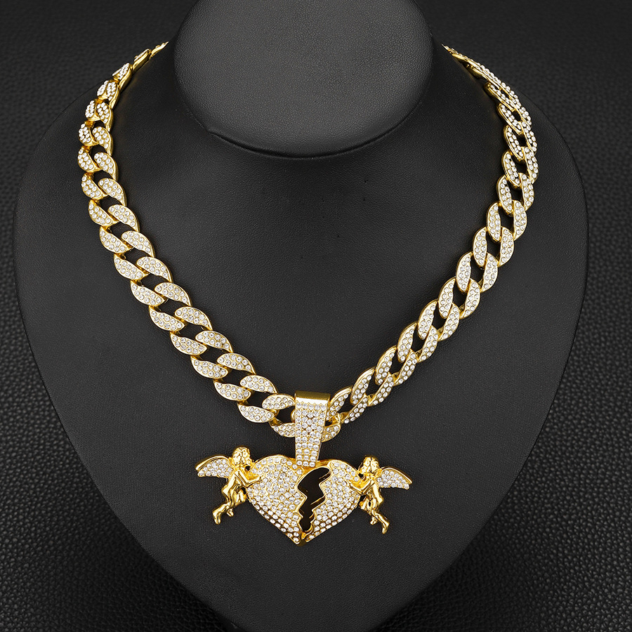 Cuban Link Chain Curb Chain Chain Type 1 Piece Quantity Hip-Hop Angel Heart Shape Alloy Inlay Rhinestones Unisex Pendant Necklace Necklace Pendant Men Pendant Necklaces