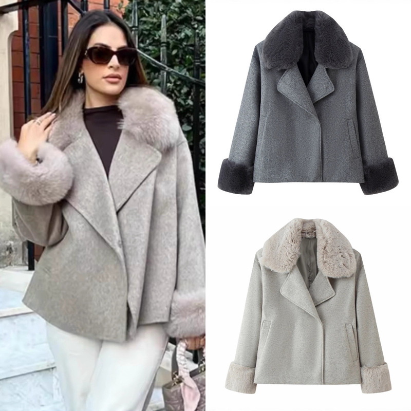 Za Cross-Border Export Spot European and American Style Women's Winter New Fashion Two-Color Fur Collar Decorative Woolen Short Jacket