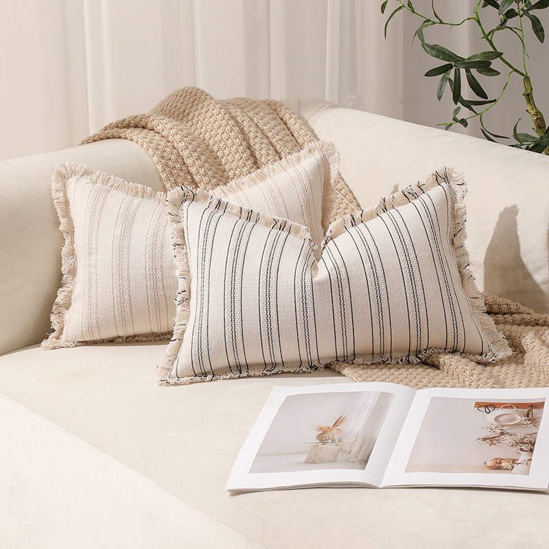 2026 New Model Xua Ai Polyester-Cotton Striped Jacquard Fringe Edge Throw Pillow Cushion Cover Wholesale
