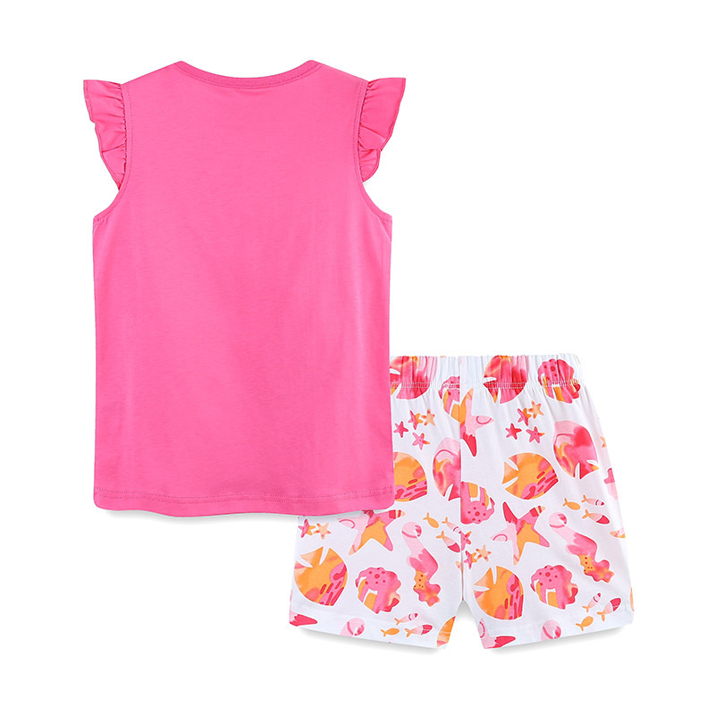 Novedad de verano, traje de manga corta para niñas, conjunto de 2 piezas de pantalones cortos con estampado de caballito de mar de dibujos animados para niños de estilo europeo y americano