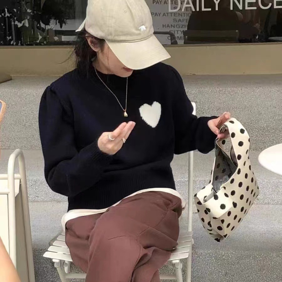 韩系秋季新款2025圆领休闲百搭甜美爱心针织上衣女减龄显瘦气质潮
